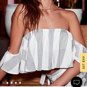 Grey and White Striped Off-the-Shoulder Crop Top